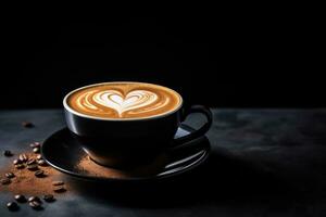 AI generated Cup of coffee with latte art on dark background. Copy space, Cup of coffee with a heart shape on a black background, presented in a closeup, AI Generated photo