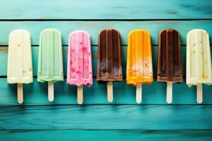 AI generated Colorful popsicles on turquoise wooden table. Top view, Colorful popsicle ice cream on a turquoise wooden background, AI Generated photo