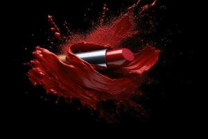 AI generated Red lipstick splashing on black background. 3d rendering, 3d illustration, Creative commercial photo of red lipstick in a scattering of pigment in motion, isolated on a black background