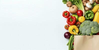 ai generado sano comida en papel bolso vegetales y frutas en blanco antecedentes. ai generado foto