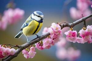 ai generado un bluetit pájaro descansando en el rama de un árbol. ai generado. foto