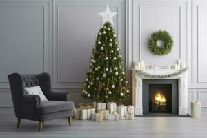 AI generated Modern Living Room With Fireplace, Christmas Tree, Gift Boxes And Armchair. AI Generated photo