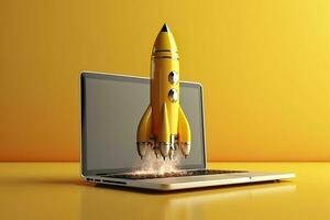 AI generated Launching a new product or service. Technology development process. Space rocket launch. 3d render. Yellow rocket lift up from the display laptop. AI Generative photo