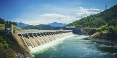 ai generado hidroeléctrico represa generando verde energía desde fluido agua. ai generado. foto