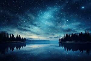AI generated Fantastic night landscape with lake, forest and starry sky, A dreamy, star-studded sky above a tranquil lake, AI Generated photo