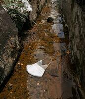 A white mask that was accidentally thrown away in a murky water ditch photo