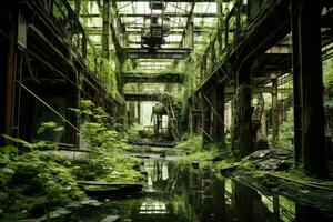 AI generated abandoned factory in the forest with reflection of trees and plants, A deserted derelict factory overtaken by nature, AI Generated photo