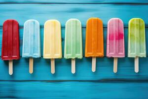 AI generated Colorful popsicles on a blue wooden background. Top view, Colorful popsicle ice cream on a turquoise wooden background, AI Generated photo