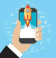 Hand holds smartphone with launch rocket. vector