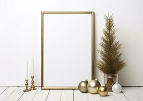 AI generated Christmas composition black frame and christmas tree golden balls on wood background photo