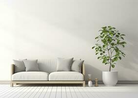 AI generated An empty living room with a sofa and pillow, light walls, a wooden floor, and plant. photo