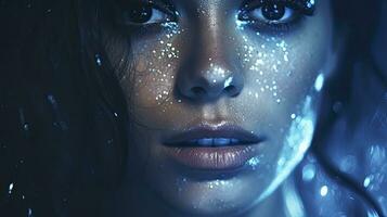 ai generado de cerca retrato de un mujer en azul iridiscente matices, abrazando oscuro romántico estilo con Brillantina y bokeh elementos. foto