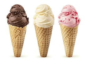 AI generated Chocolate, vanilla and strawberry Ice cream in the cone on white background. AI Generated photo