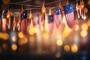 AI generated American flags on bokeh background. 3D Rendering, A garland of Malaysia national flags on an abstract blurred background, AI Generated photo