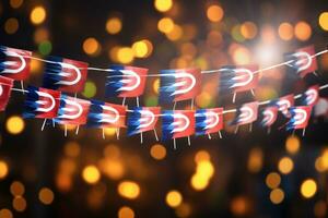 AI generated Carnival flags on bokeh background. 3d rendering, A garland of Malaysia national flags on an abstract blurred background, AI Generated photo