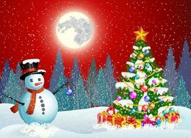 cute snowman decorating a Christmas tree vector