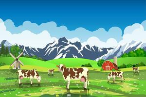 Rural sunrise landscape with cows and farm vector