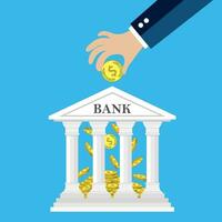 Hand putting golden coin into bank vector