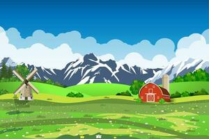 Cartoon farm green seeding field, vector