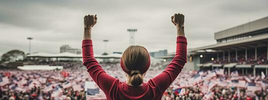 AI generated Woman raises hands protesting for her rights photo