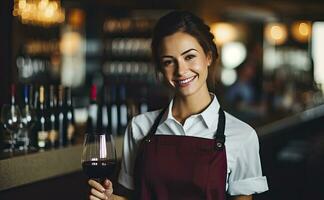 ai generado sonriente mujer es servicio vino en un restaurante foto