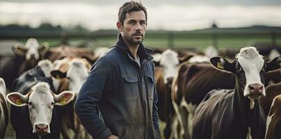 AI generated Farmer Standing in Front of a Herd of Cows. photo