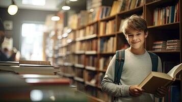 AI generated Little school boy reaches for shelf of childrens books in the bookstore photo