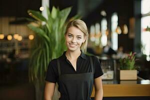 AI generated Female waitress in a black dress and apron standing in restaurant photo