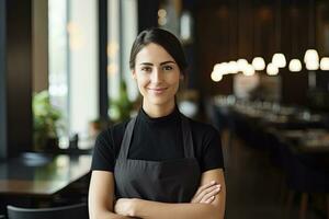 AI generated Female waitress in black apron standing in shop photo