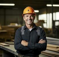 ai generado construcción trabajador con difícil sombrero foto