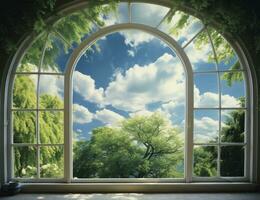 AI generated Window scape Wonderland Panoramic View of a Rural Summer Field, Inviting the Tranquil Beauty of the Outdoors Indoors photo