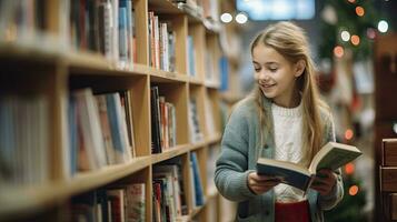 ai generado pequeño colegio niña alcanza para estante de para niños libros en el libro biblioteca foto