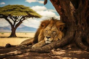 AI generated Lion lying in the shade of a tree in Serengeti National Park, Tanzania, A regal lion napping under a tree on the African, AI Generated photo