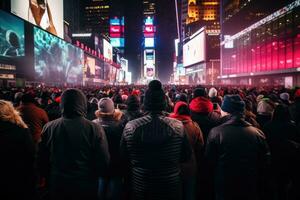 ai generado multitudes de personas a veces cuadrado en nuevo york, EE.UU. veces cuadrado es un mayor comercial intersección y entretenimiento zona en manhattan, un multitud esperando para el pelota soltar a veces cuadrado foto