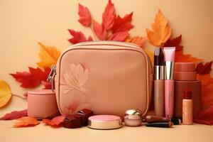 AI generated Makeup bag with cosmetics and autumn leaves on beige background, Autumn beauty background, Cosmetic bag with make-up beauty products and autumn leaves at pastel background, AI Generated photo