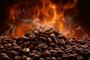 AI generated Roasted coffee beans with smoke and fire background. Close up, Beautiful background with explosive coffee beans and fire with smoke in the background, AI Generated photo