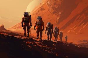 ai generado astronautas en el desierto. 3d ilustración. Ciencias ficción, un grupo de astronautas caminando en Marte a explorar, ai generado foto