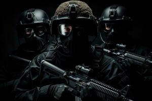 AI generated Group of special forces soldiers in black uniforms and helmets. Studio shot, Armed special forces group with shotguns on a black background, face covered with masks, AI Generated photo