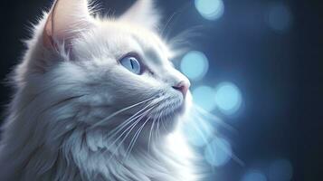 ai generado un linda mullido gato con brillante azul ojos curioso fuera de bokeh antecedentes foto