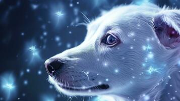 AI generated Close Up Capture of a White Dog with Blue Iridescent Tones, Embracing Dark Romantic Style, Glitter, Bokeh, and a Minimalist Approach. photo