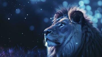 AI generated Close Up Capture of a Lion King in Dark Romantic Style, Featuring Blue Iridescent Tones, Glitter, and Bokeh Effects. photo