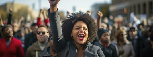 ai generado africano americano mujer levantamiento manos participativo en un protesta para humano derechos foto