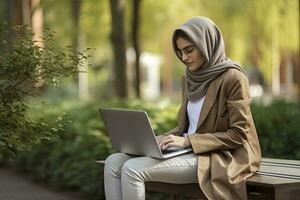 AI generated Muslim woman in hijab working on laptop photo