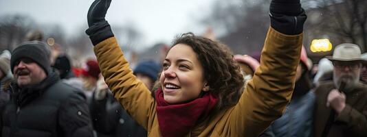 ai generado africano americano mujer levantamiento manos participativo en un protesta para humano derechos foto