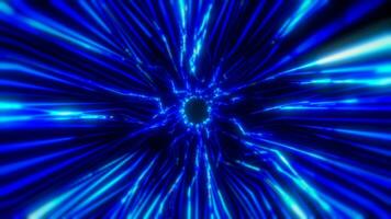 Beautiful abstract blue tunnel made of futuristic digital stripes and lines glowing with bright magic energy on a black space background. Abstract background video