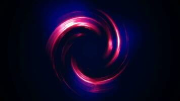 Looped twirl circle of stripes and lines of bright purple beautiful magical energy glowing neon, round frame. Abstract background video