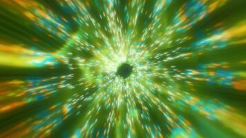 Beautiful abstract green tunnel made of futuristic digital stripes and lines glowing with bright magic energy on a black space background. Abstract background video