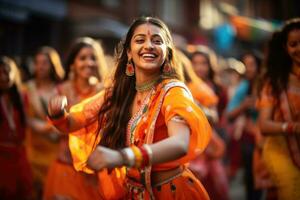 ai generado indio niña en sari bailando a el festival de colores hola, hermosa indio mujer vistiendo vívido vistoso ropa canto y bailando durante el teej festival, ai generado foto