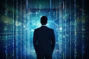 AI generated Back view of businessman looking at abstract business hologram on server room background. Technology concept. Double exposure, Data Privacy Protection Business Technology Privac photo