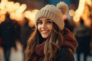 ai generado retrato de un hermosa joven mujer con largo ondulado pelo vistiendo un calentar sombrero y bufanda en el antecedentes de Navidad luces, hermosa niña teniendo maravilloso hora en tradicional Navidad foto